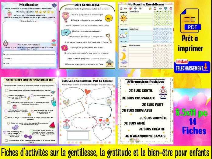 Fiches d’activités sur la gentillesse, la gratitude et le bien-être pour enfants