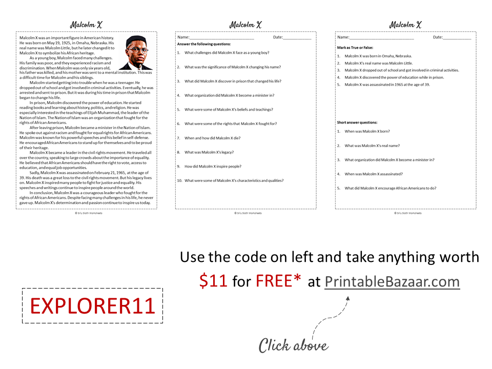 Malcolm X Biography Reading Comprehension Passage Printable Worksheet ...