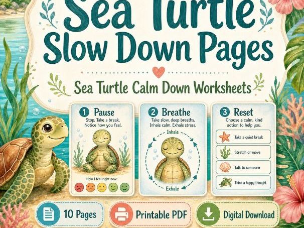 Sea Turtle Slow Down Pages | Sea Turtle Calm Down Worksheets | Printable PDF | Digital Download