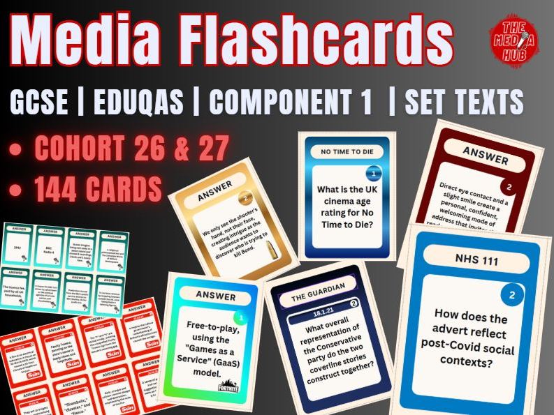 NEW 26: Media Revision Flashcards x 208 | GCSE Media Studies | Eduqas | All 8 Component 1 Set Texts
