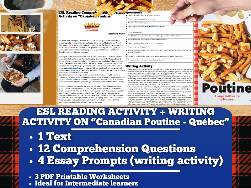 ESL Reading Comprehension + Writing Activity - Canadian Poutine - Québec
