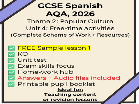 Free Sample – Lesson 1 - AQA GCSE Spanish 2026: Theme 2, Unit 4 Free-time Activities