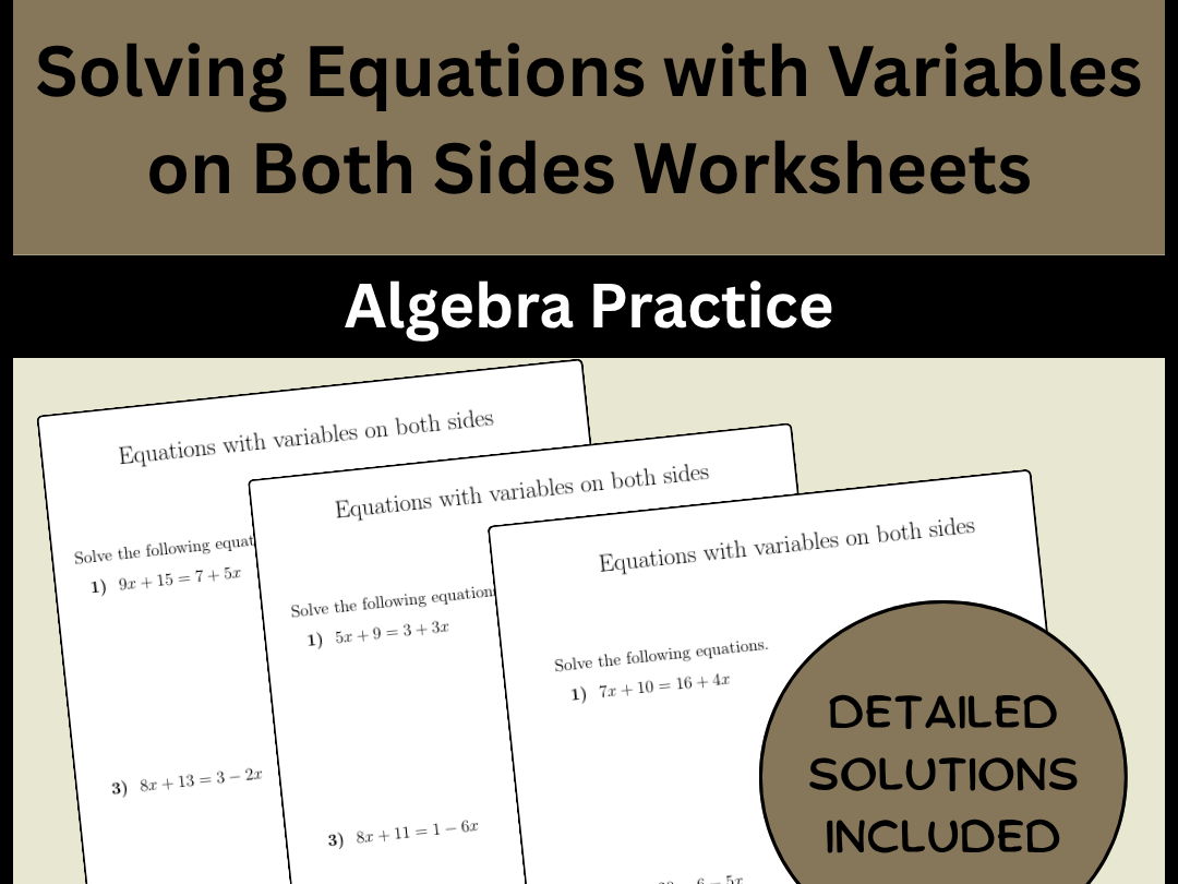 Solving Equations with Variables on Both Sides Worksheets Algebra Practice
