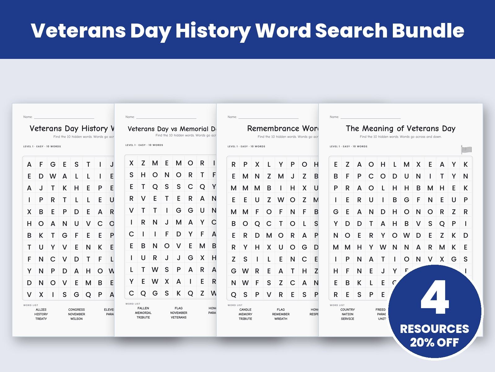 Veterans Day History Word Search Bundle