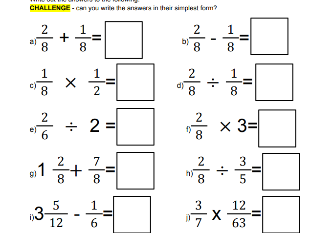 Four Operations Fractions Worksheet (with answers)