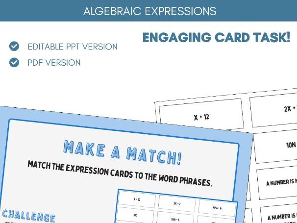 Algebraic Expressions | Card Task Activity | Algebra