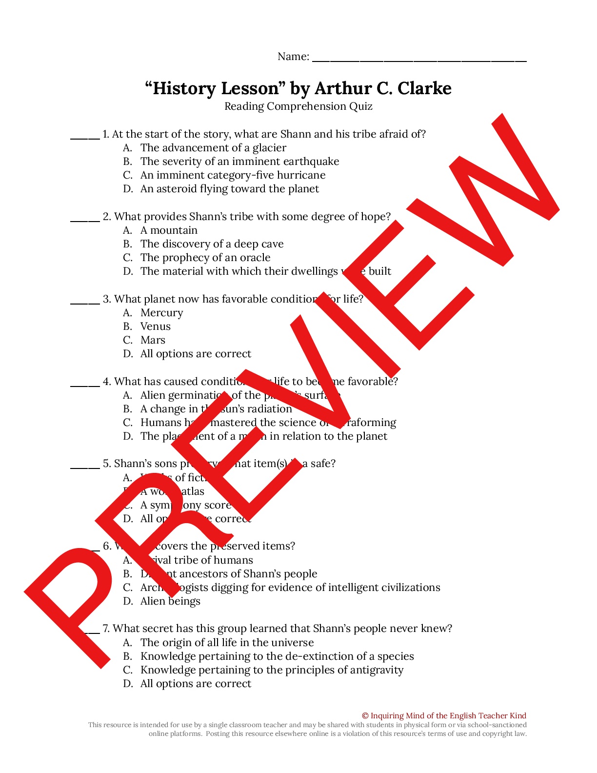 “History Lesson” by Arthur C. Clarke Quiz Teaching Resources