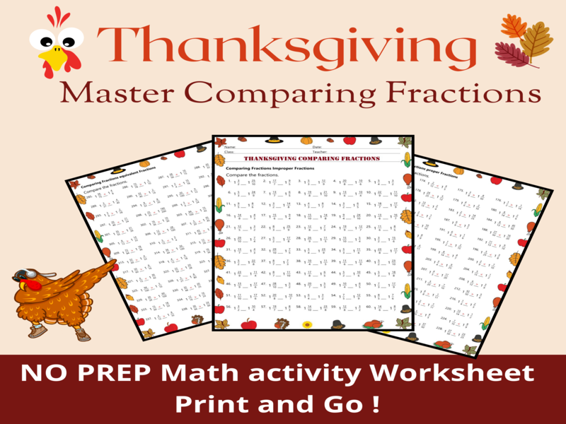 Thanksgiving Comparing Fractions – 20 Worksheets Fun Math Activities No prep
