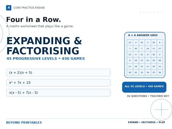 Expanding & Factorising Four in a Row | 45 Levels | 450 Maths Games