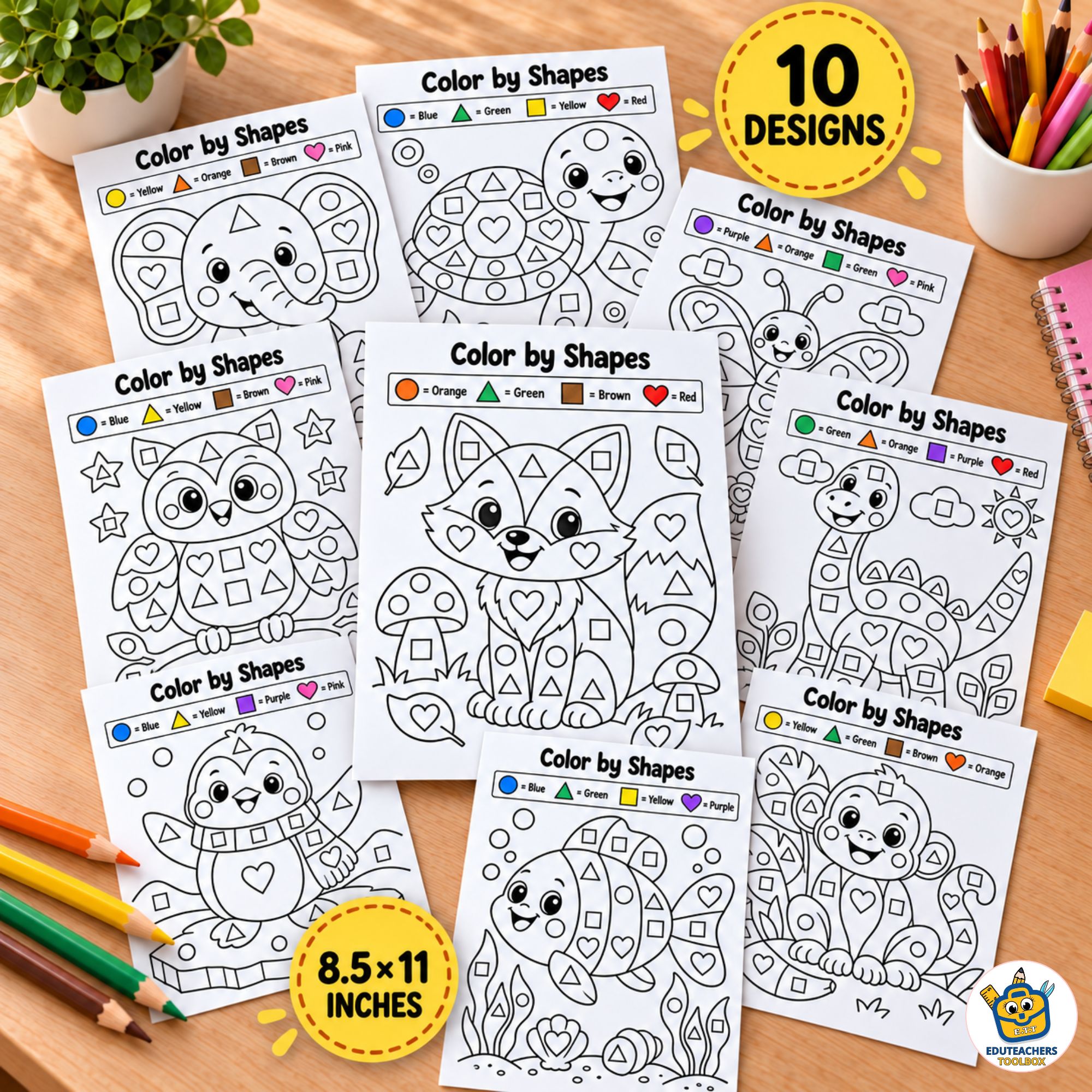 Animals Math Color Page Math Color by Shapes | 10 Animal Coloring Pages | Shape Recognition ...
