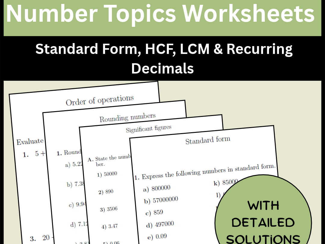 Number Topics Worksheets Rounding, Standard Form, HCF, LCM & Recurring Decimals