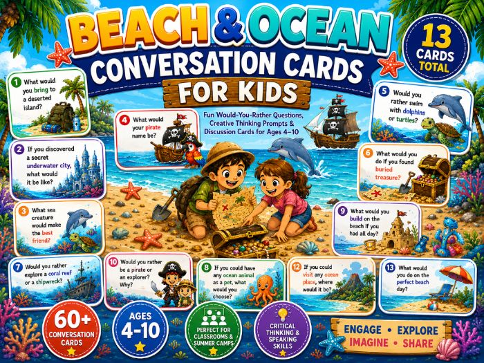 Beach & Ocean Conversation Starter Cards | Summer Camp Icebreakers | Speaking & Listening Activities