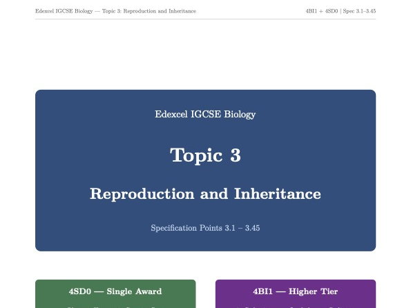 Edexcel IGCSE Biology | Topic 3: Reproduction & Inheritance | 4SD0 + 4BI1 Higher Tier |