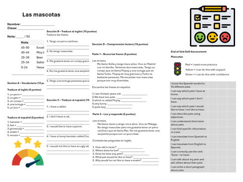 Pets (Spanish) �C Assessment, Mark Scheme & Self Assessment