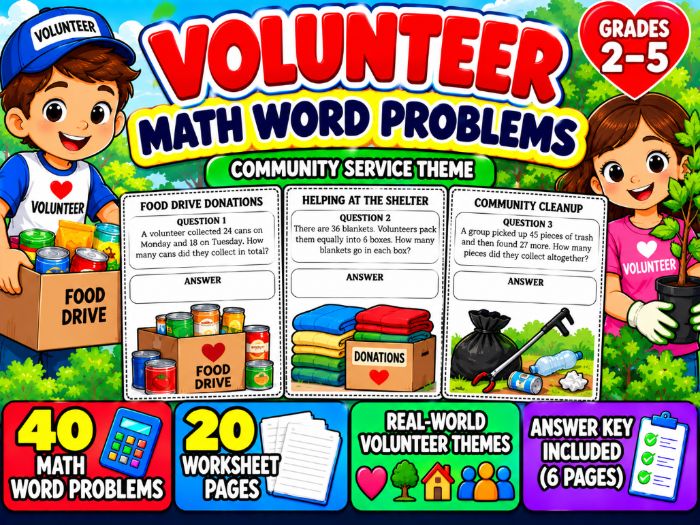 Volunteer Day Math Activities | 20 Printable Worksheet Pages