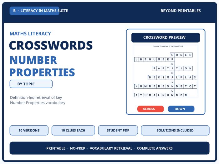 Number Properties Maths Crosswords | 10 Vocabulary Puzzles with Solutions