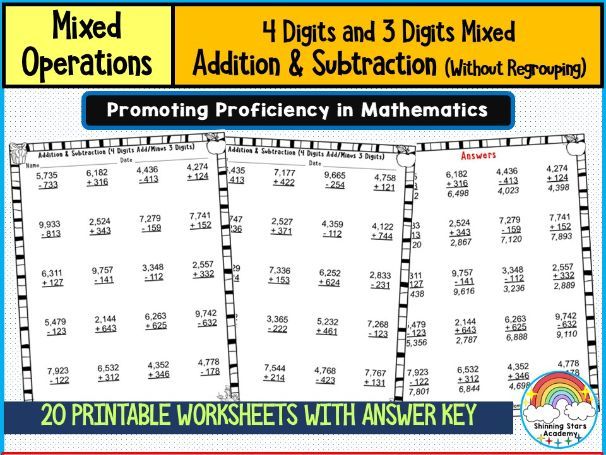 4-Digit and 3-Digit Mixed Addition & Subtraction Worksheets Without Regrouping (No Carrying or Borro