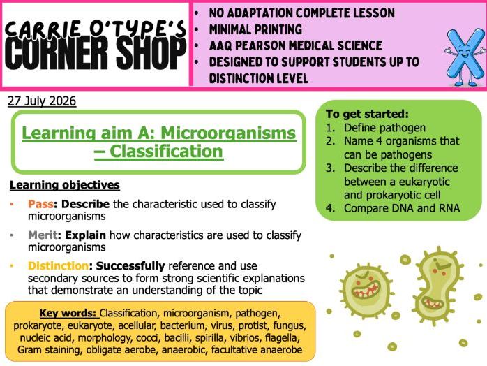 Unit 3A - Classification of Microorganisms - AAQ Pearson Medical Science