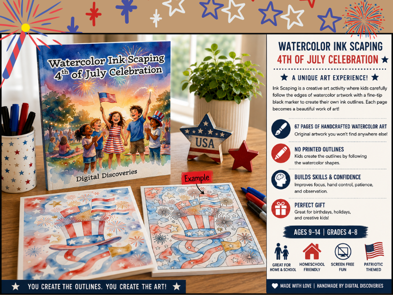 4th of July Ink Scaping Activity Book for Ages 9–14 | Patriotic Art Tracing and Creative Drawing Act