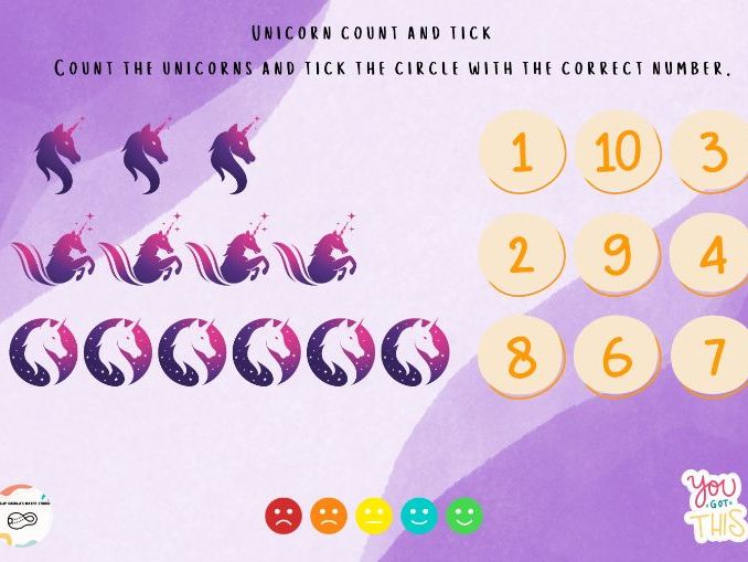 'Unicorns and dragons' count and tick worksheets (EYFS) Teaching