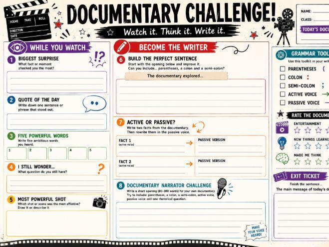 Documentary Challenge Worksheet | KS3 English  | Grammar & Writing