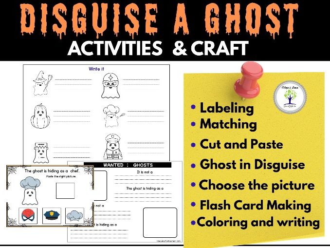 Disguise a Ghost Halloween Craft Writing, Labeling & Coloring Activity