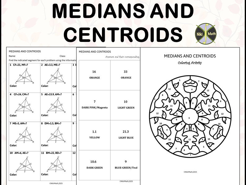 Medians and Centroids - Coloring Activity/Color by Code (Level 1-Easy Problems!)