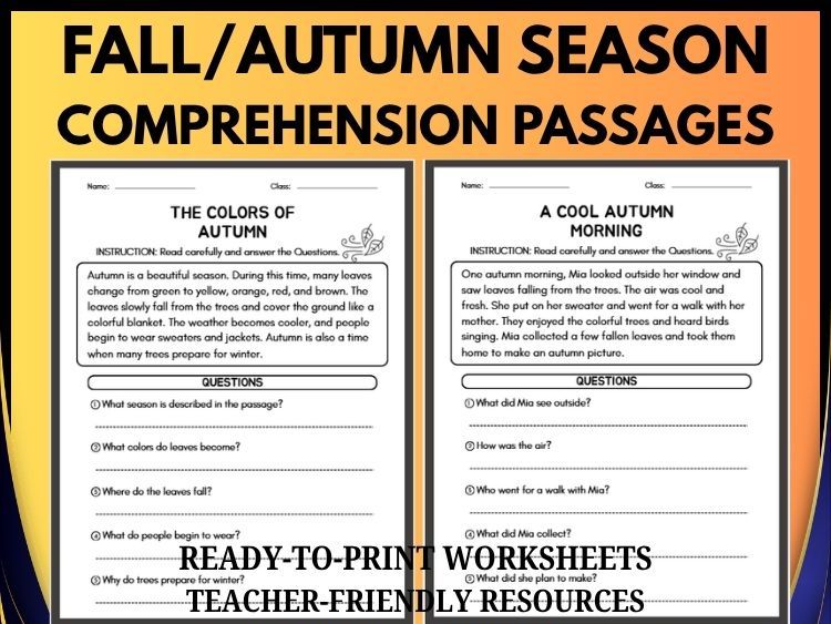 Fall Autumn Reading Comprehension | 20 Passages with Answers | Grades 2–8
