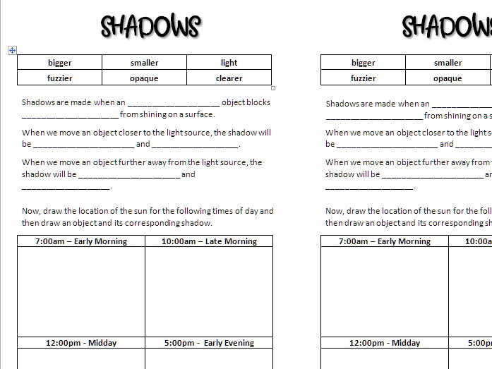 Shadows And What Changes Them Worksheet Teaching Resources