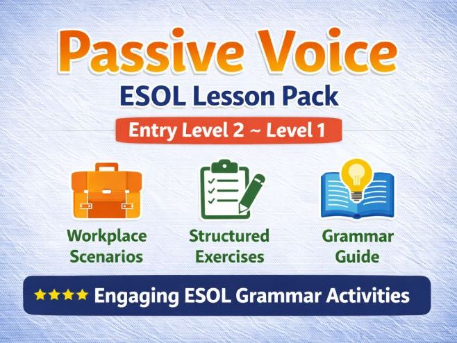 Passive Voice ESOL Lesson Pack | Worksheets, Workplace Scenarios & Grammar Guide | Entry 2–Level 1 E
