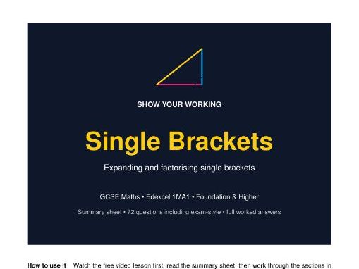 Single Brackets: Expand and Factorise GCSE Maths Revision Pack
