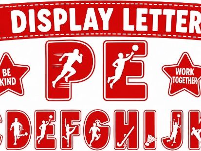 PE Display Lettering | Printable Red Alphabet Display | Classroom Bulletin Board Letters |