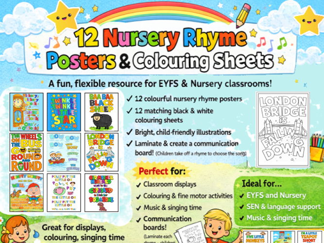 12 Nursery Rhyme Posters & Colouring Sheets