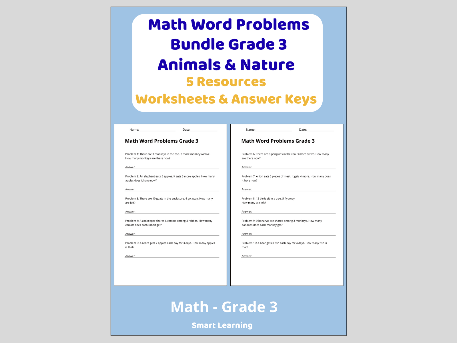 Math Word Problems Animal Bundle Grade 3 | 5 Resources | Worksheets & Answer Keys