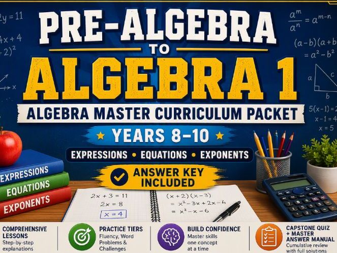 Pre-Algebra to Algebra 1 Master Curriculum Workbook | Years 7–10 | Lessons, Practice & Answer Key