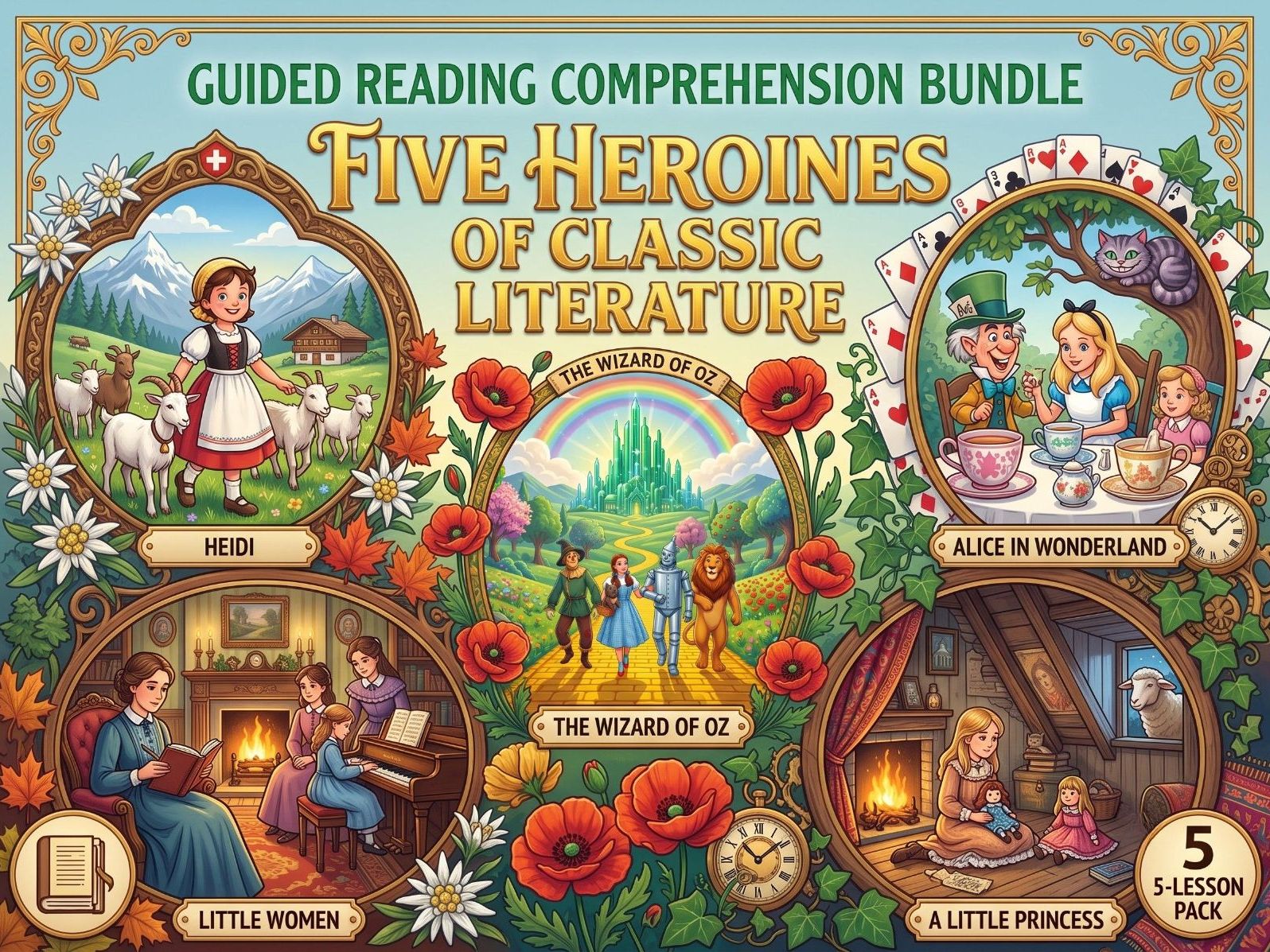 Celebrating Classic Literary Heroines! 5 Guided Reading Comprehension Extracts, Questions & Answer Keys!