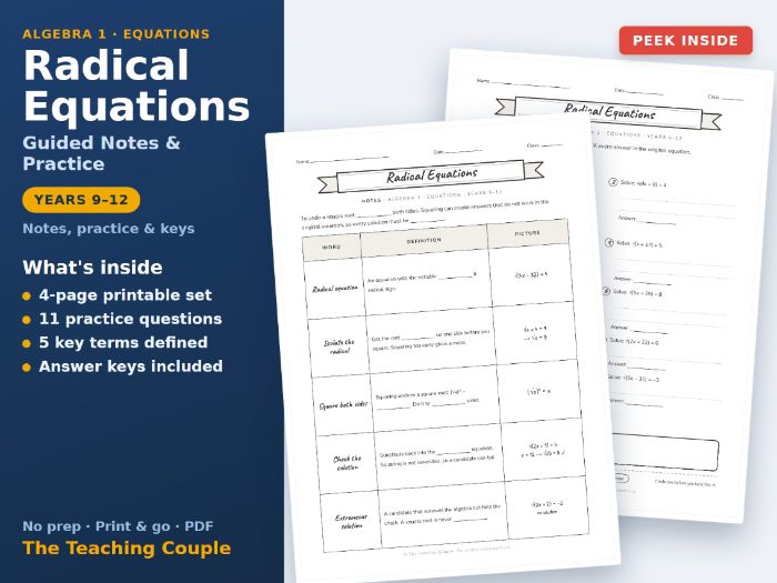 Radical Equations Guided Notes & Practice | Years 9-12