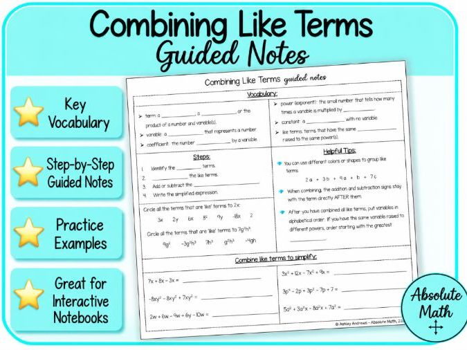 Combining Like Terms Guided Notes | Simplifying Algebraic Expressions