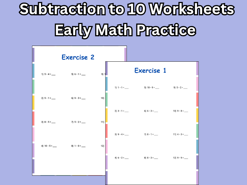 Subtraction to 10 Worksheets | Early Math Practice | EYFS / KS1