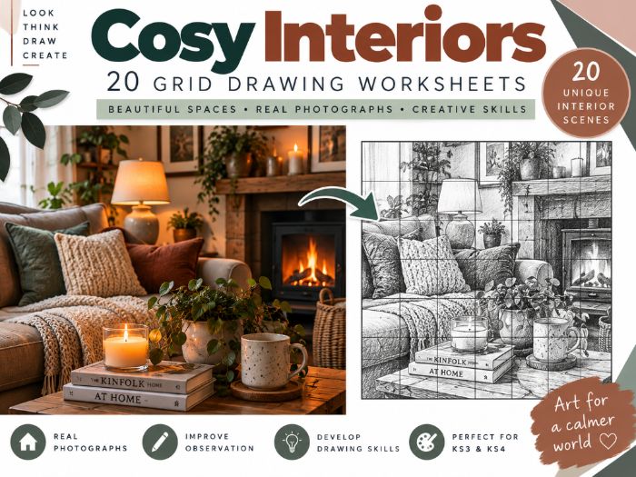 Cosy Interiors Grid Drawing Worksheets | 20 Art Activities | KS3 & KS4 | Observational Drawing