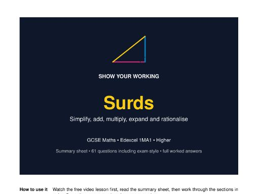Surds GCSE Maths Revision Pack | Edexcel Higher | Worked Answers