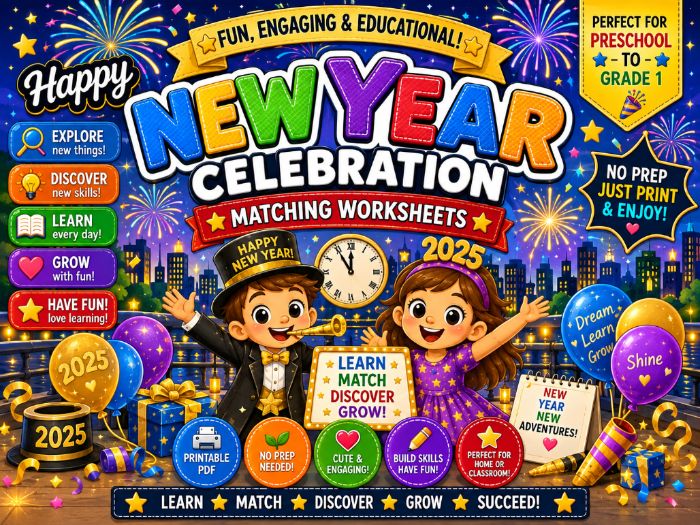 New Year Matching Worksheets | Preschool Math & Literacy Activities | Preschool–Grade 1