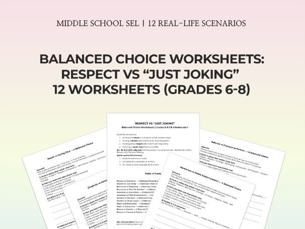 Middle School SEL Respect vs Just Joking 12 No-Prep 15-Min Activities Worksheets