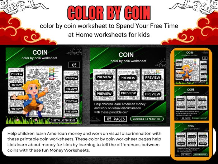 color by coin worksheet Printable for kids Educational resources Christmas