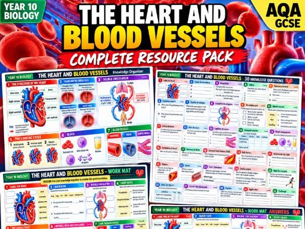 Heart and Blood Vessels | AQA GCSE Biology | A3 Knowledge Organiser, Work Mat & 30 Questions