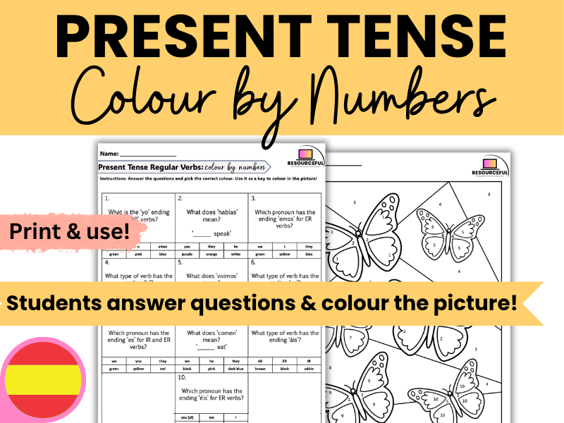 Spanish Regular Present Tense Verbs Colour By Numbers Easy Activity Worksheet