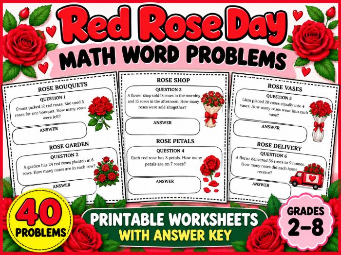 Red Rose Day Math Word Problems | 40 Printable Worksheets with Answer Key