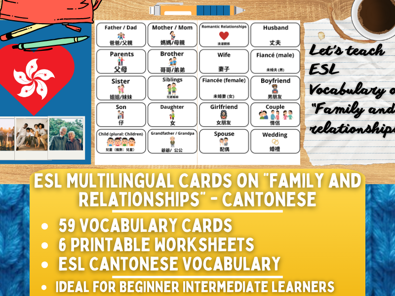 ESL Multilingual Vocabulary Flashcards on "Family and Relationships" - Cantonese