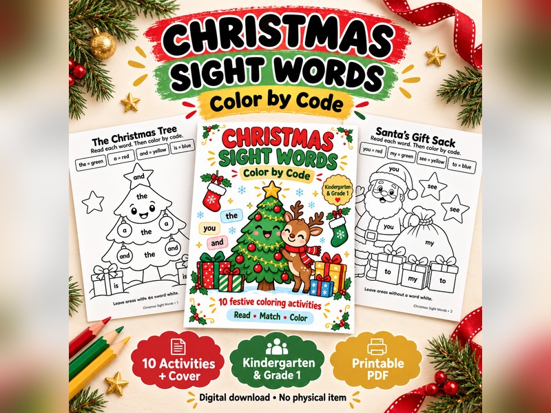 Christmas Sight Words Colour by Code K-1
