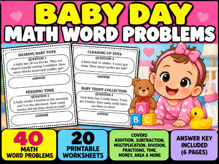 Baby Day Math Word Problems | 40 Worksheets with Answer Key